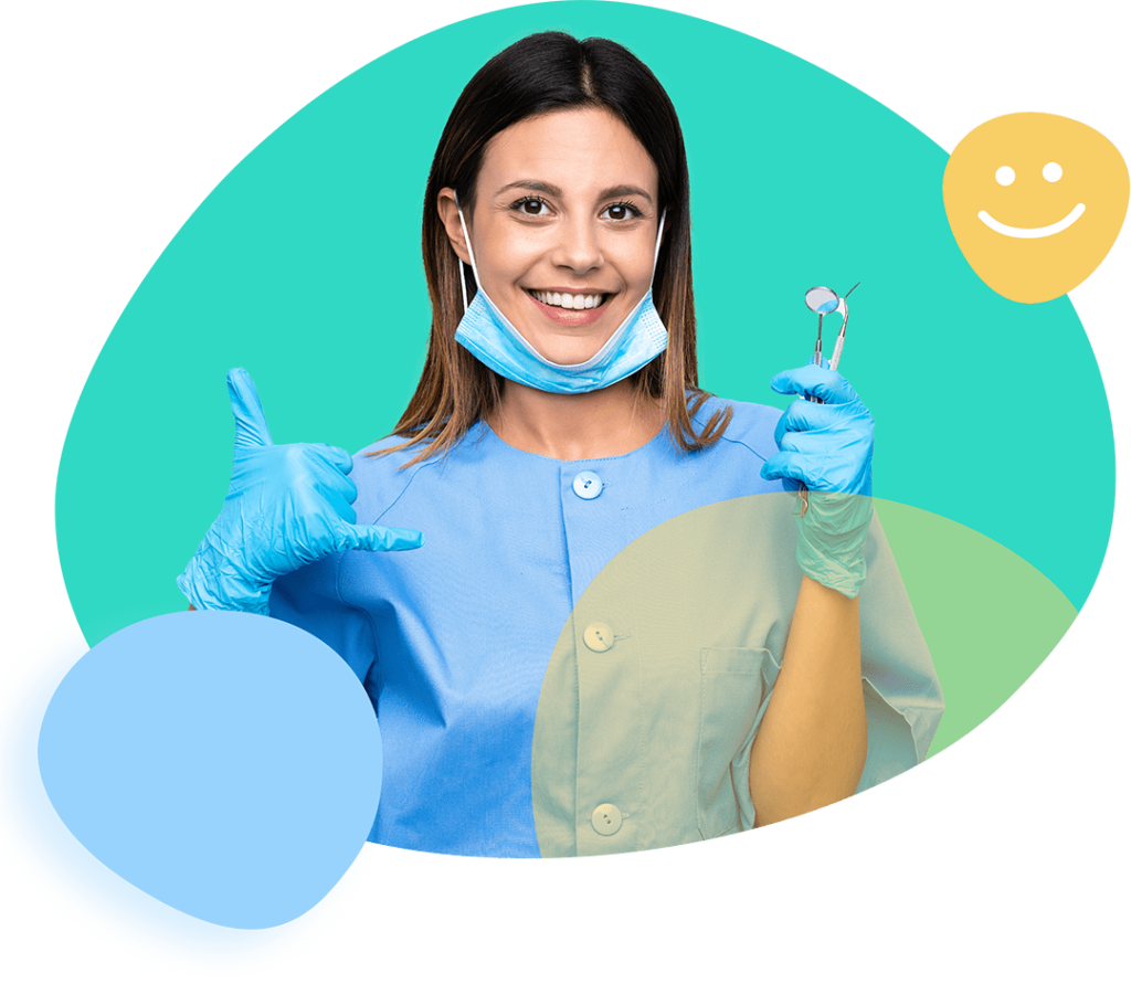 Woman dentist holding tools over green wall making phone gesture