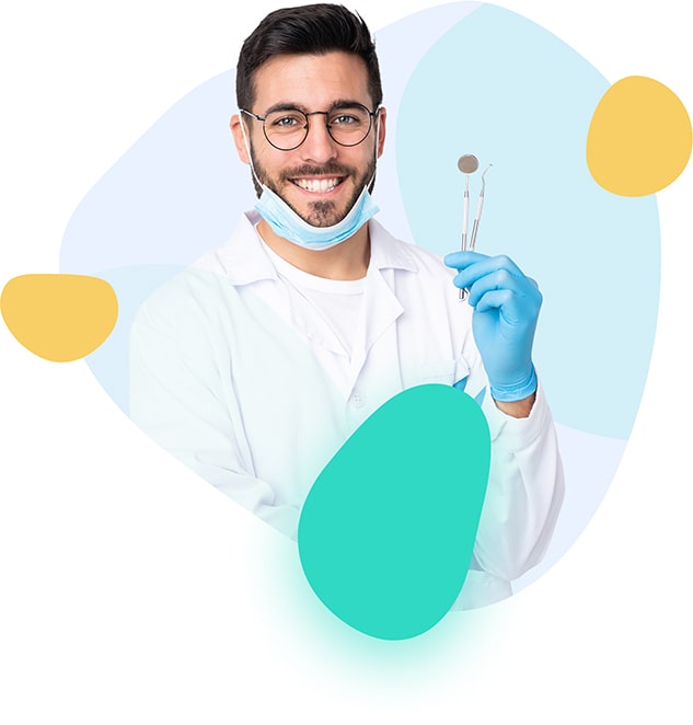 Dentist man holding tools isolated on white wall laughing